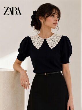 Zara Wool Sweater Medium Peter Pan Collar Jumper Knit Navy Blue Coquette Top B7